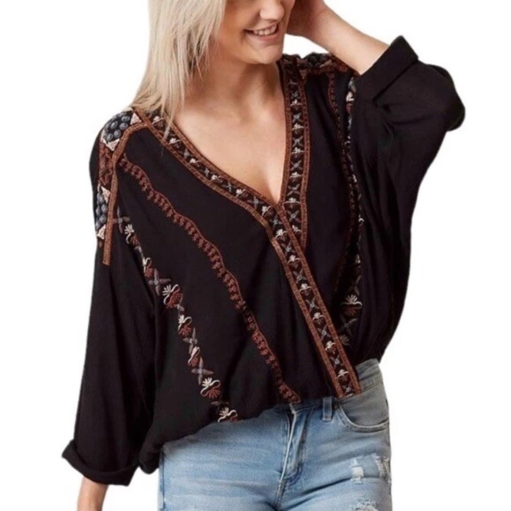 Free People Black Embroidered Boho Wrap Blouse Size M